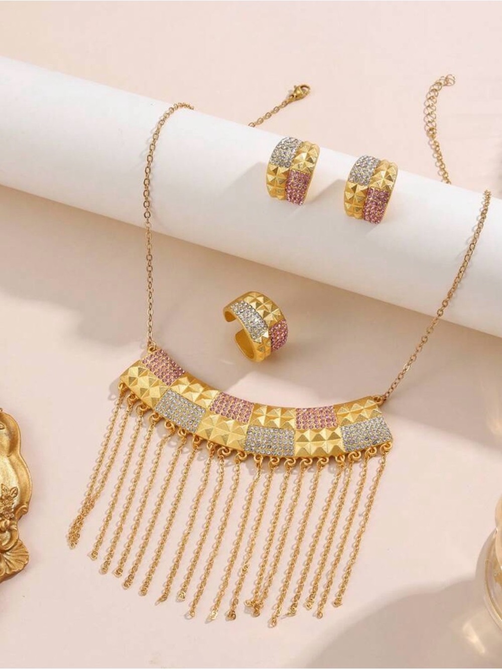 Gold, Pink & Silver Fringe Necklace Set